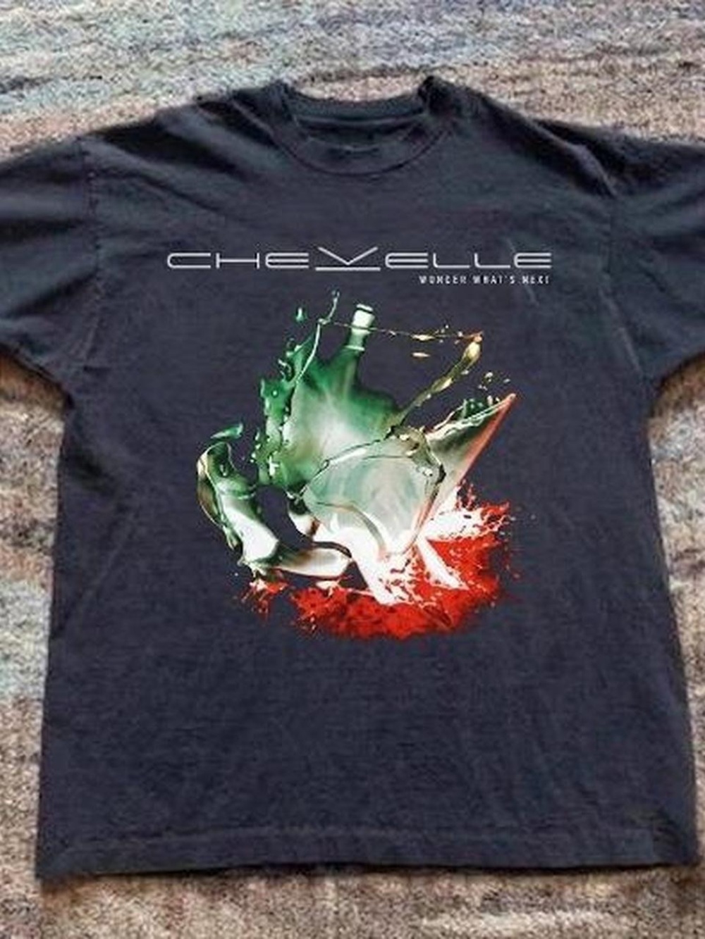 Black Graphic Band T-Shirt with Green & Red Splash